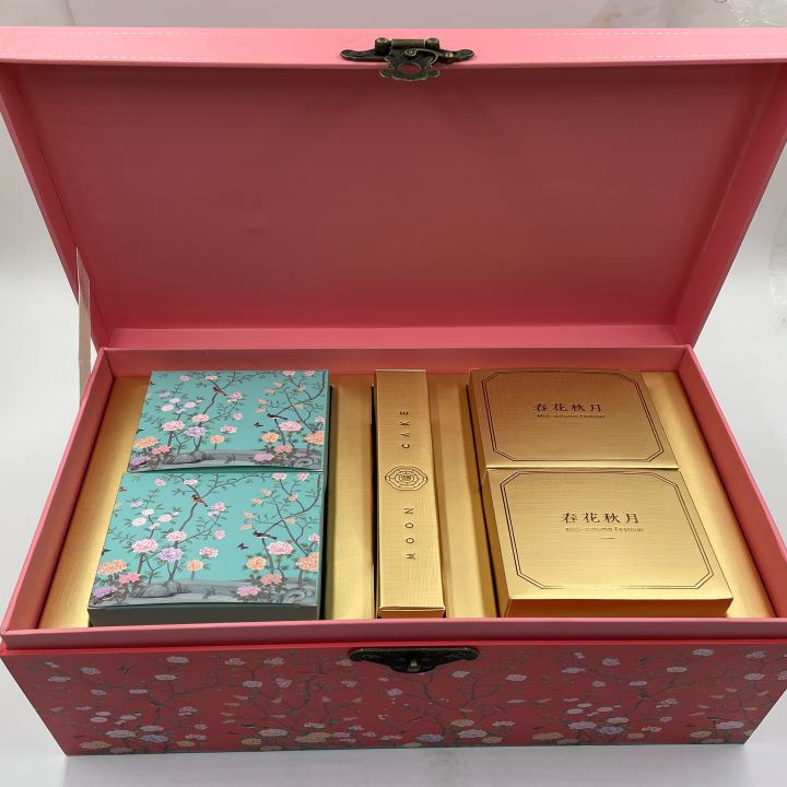 Wholesale  Cardboard Customized Large Rectangle Mooncake Flat Pack Folding Magnetic Pink Gift Boxes With Handle