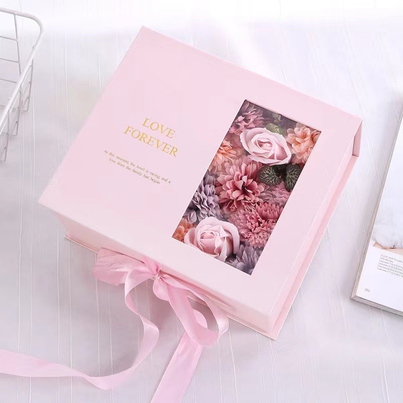 Pink Magnetic Wedding Favor Paper Packaging Gift Flower Box With PVC Window